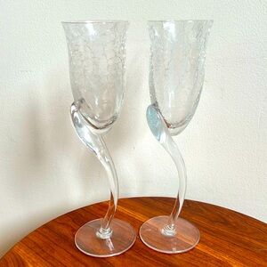Sasaki Champagne hand blown flute with crackled glass and bulb stem pair